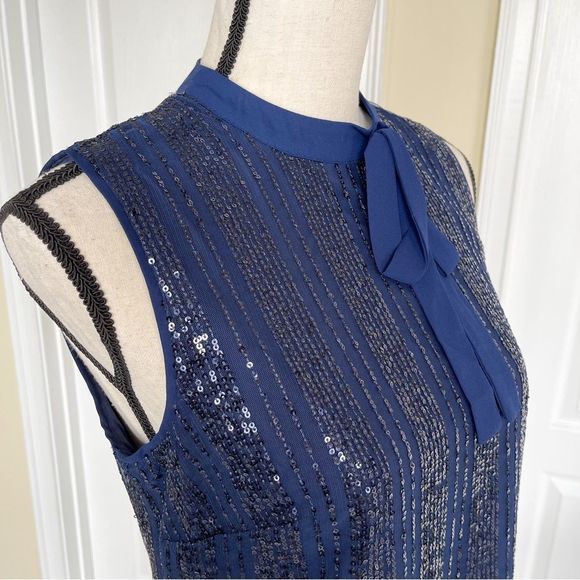 CeCe Size XS Navy & Black Sequin Layered Bow Tie Neck Sleeveless Cocktail Dress - Picture 3 of 15